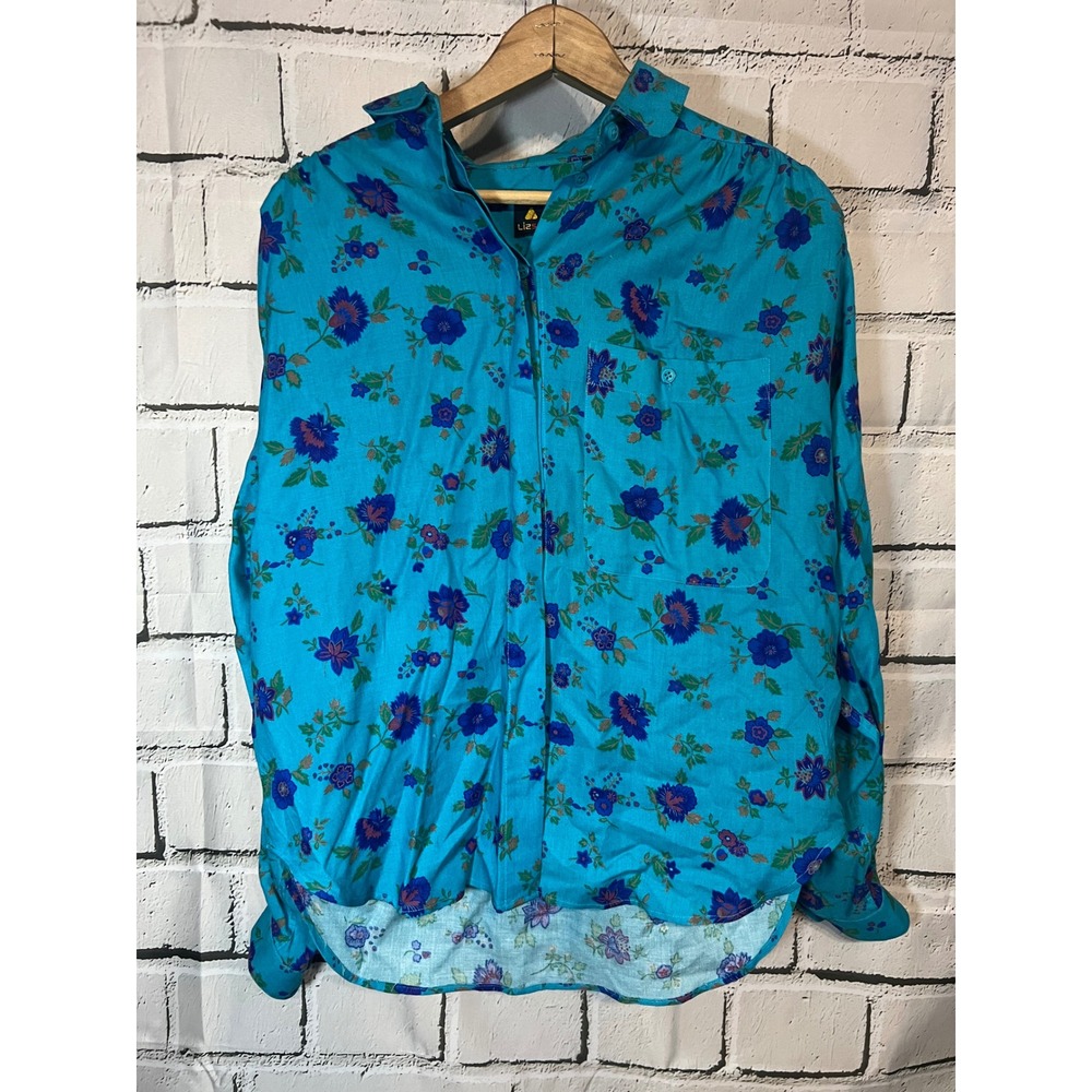 Lizsport Vintage Floral Button Down Shirt Turquoise Blue Long Sleeve Top